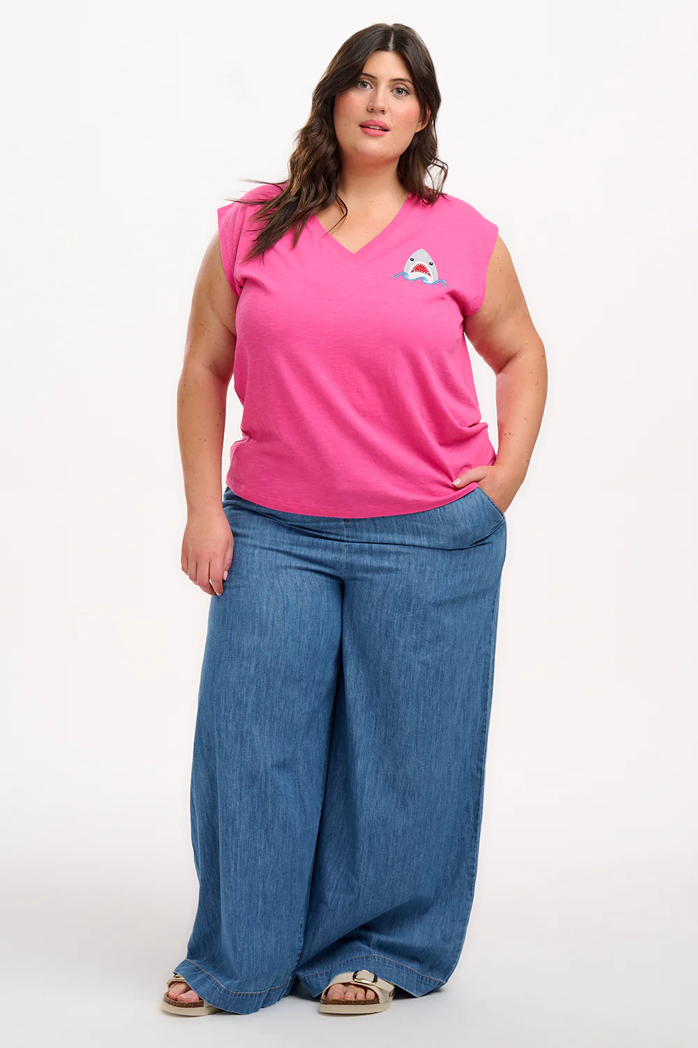 Ariana V-Neck Tank T-shirt - Pink, Fin-tastic Shark - Image 4