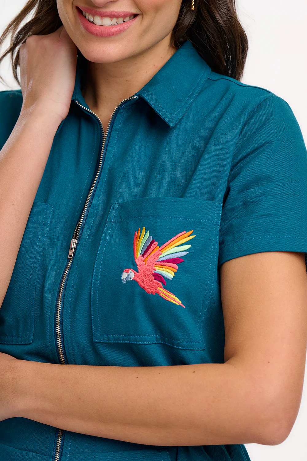 Cora Cropped Jumpsuit - Teal, Rainbow Parrot - Image 3