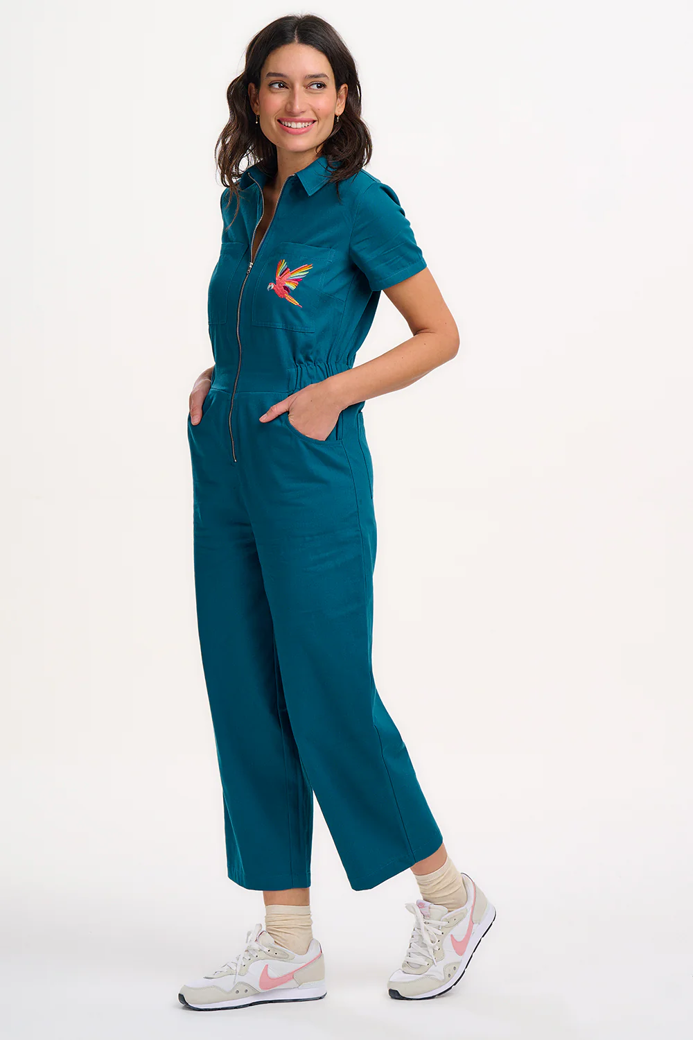 Cora Cropped Jumpsuit - Teal, Rainbow Parrot - Image 4
