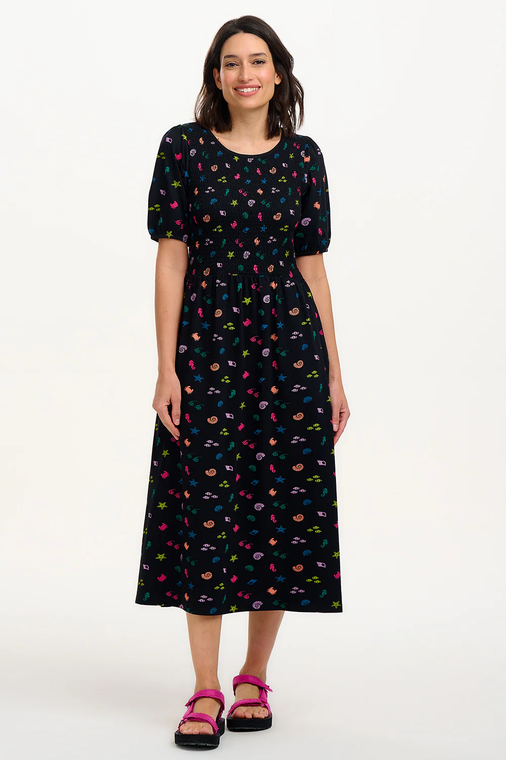Edina Shirred Jersey Midi Dress - Black/Multi, Underwater Rainbow - Image 3