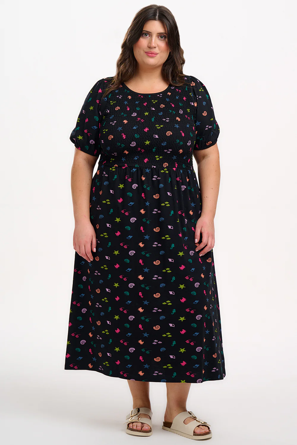 Edina Shirred Jersey Midi Dress - Black/Multi, Underwater Rainbow - Image 4