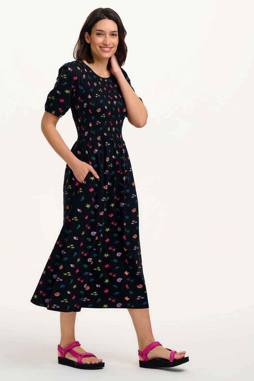 Edina Shirred Jersey Midi Dress - Black/Multi, Underwater Rainbow - Image 6