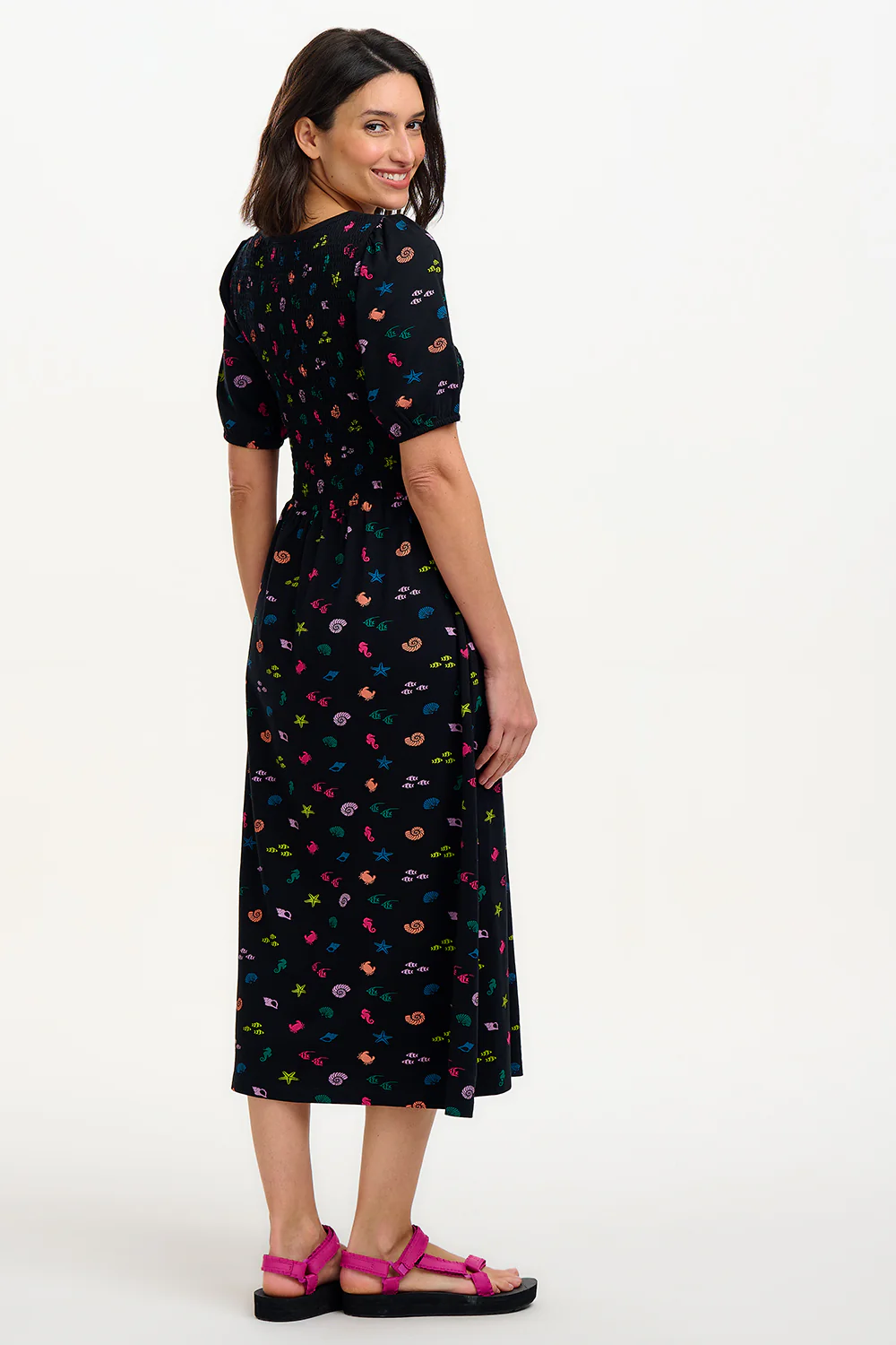 Edina Shirred Jersey Midi Dress - Black/Multi, Underwater Rainbow - Image 7