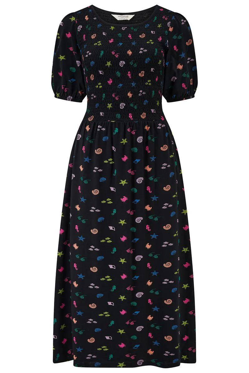 Edina Shirred Jersey Midi Dress - Black/Multi, Underwater Rainbow - Image 8