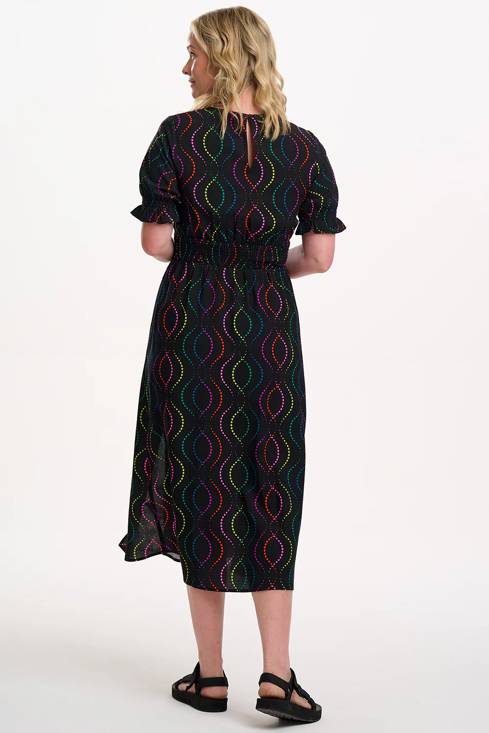 Lindsay Shirred Midi Dress - Black, Dotted Waves - Image 3