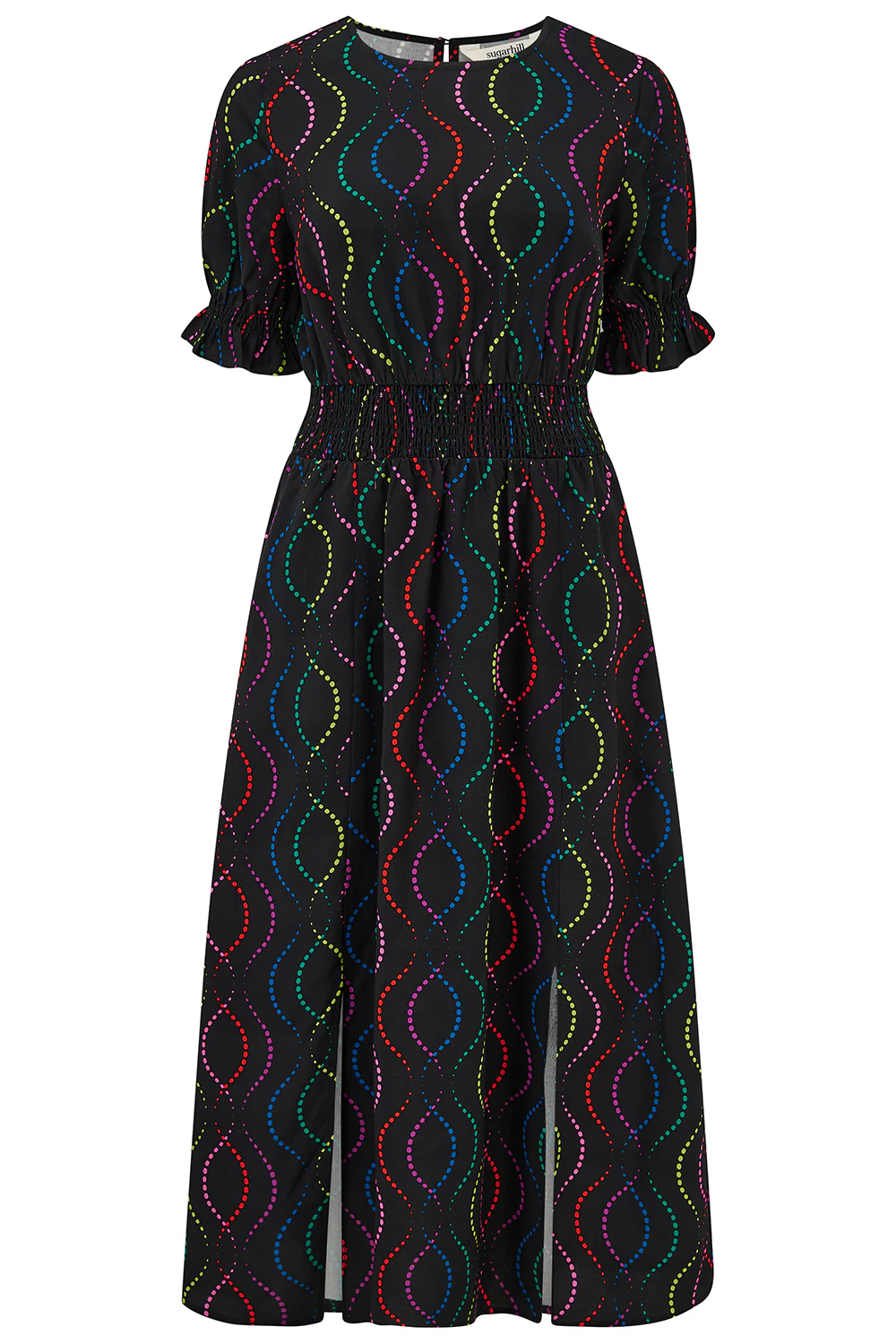 Lindsay Shirred Midi Dress - Black, Dotted Waves - Image 4