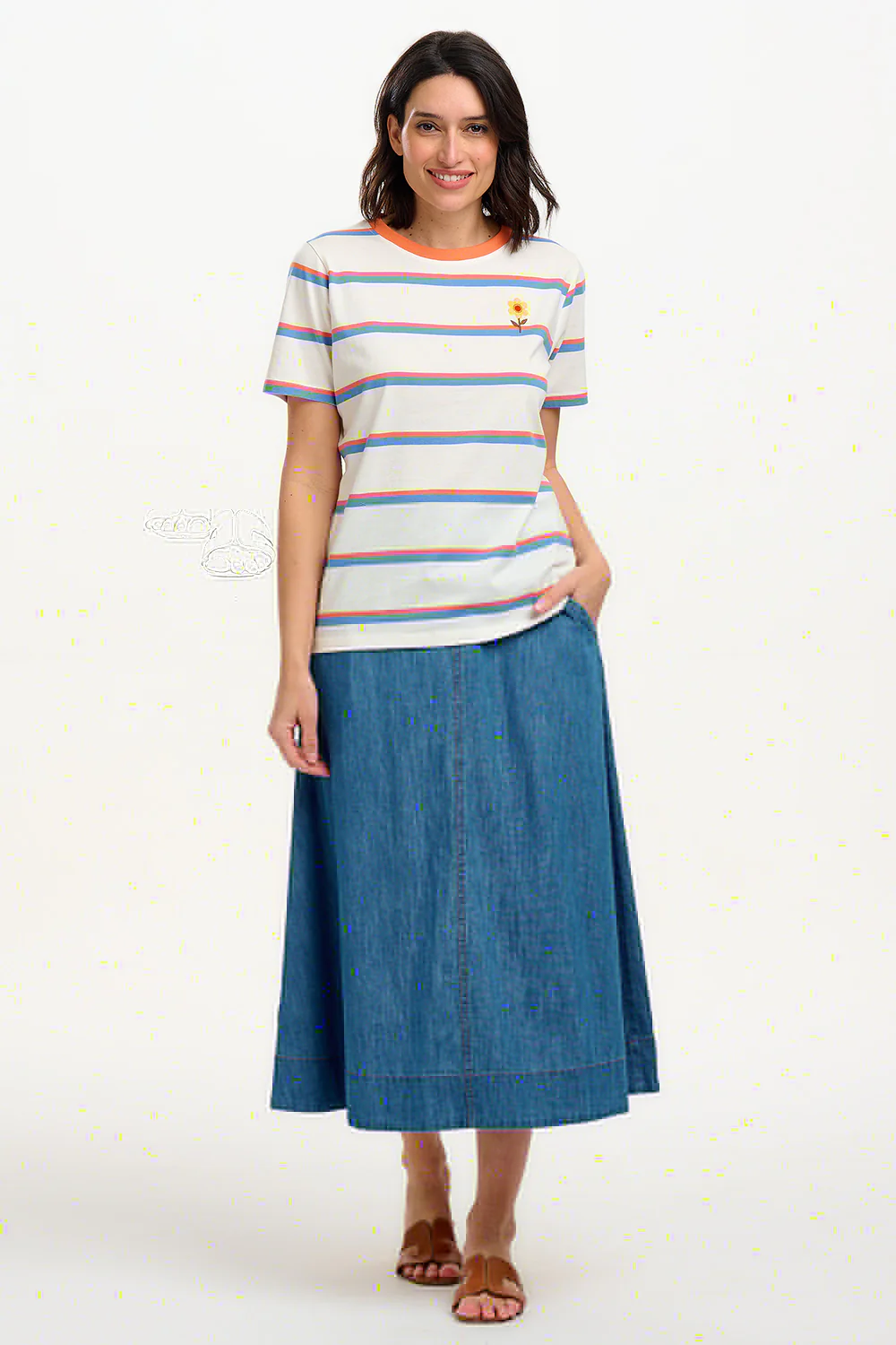 Maggie T-Shirt - Off White, Duo Vintage Stripe, Flower - Image 6