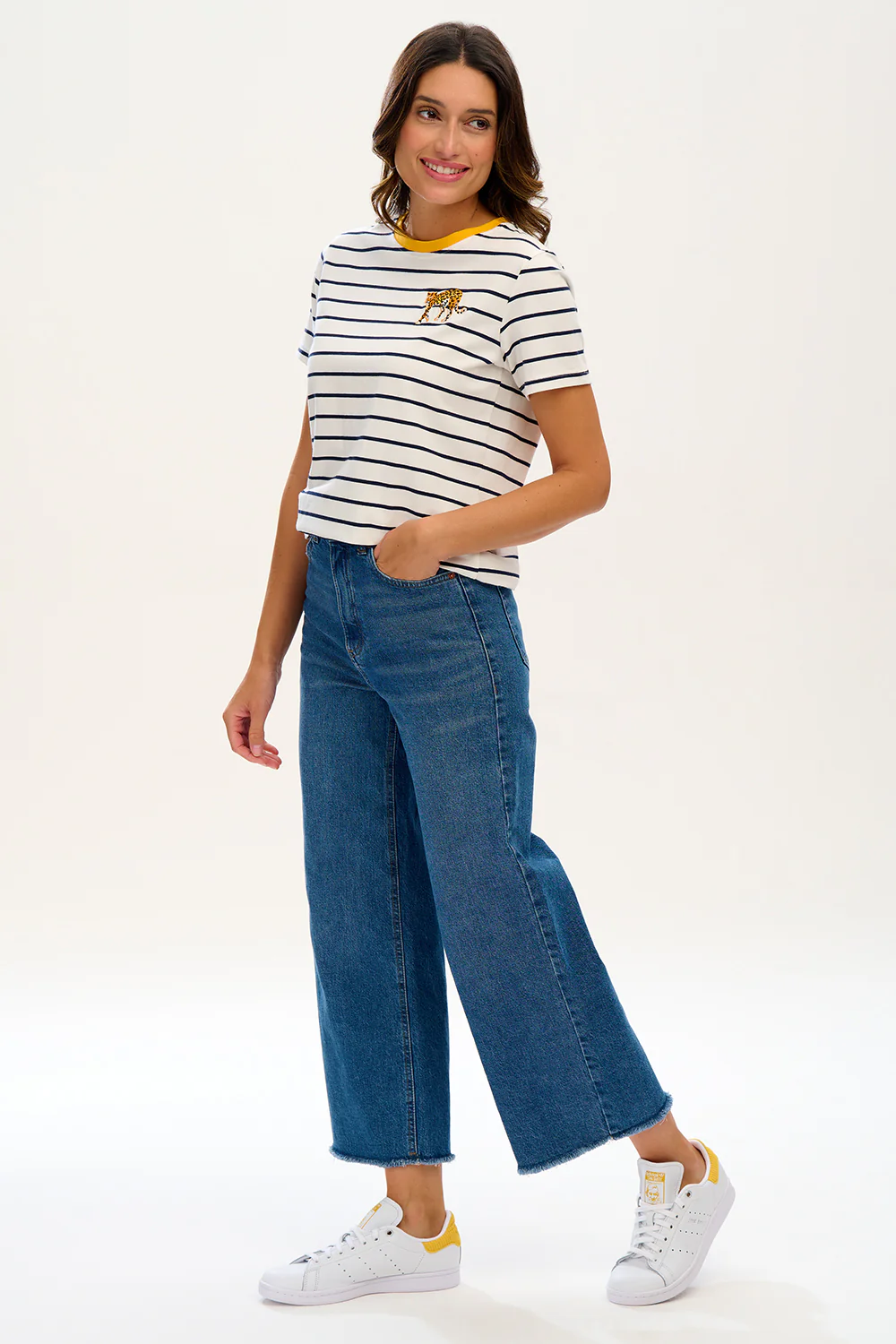 Maggie T-shirt - Off-White/Navy, Leopard Embroidery - Image 5