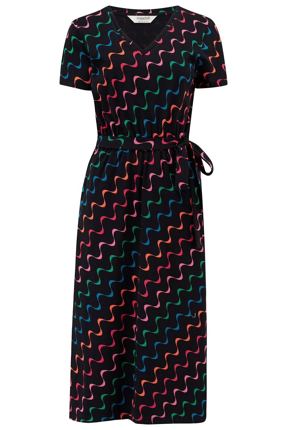 Mara V-Neck Jersey Midi Dress - Black/Multi, Undulating Waves - Image 8