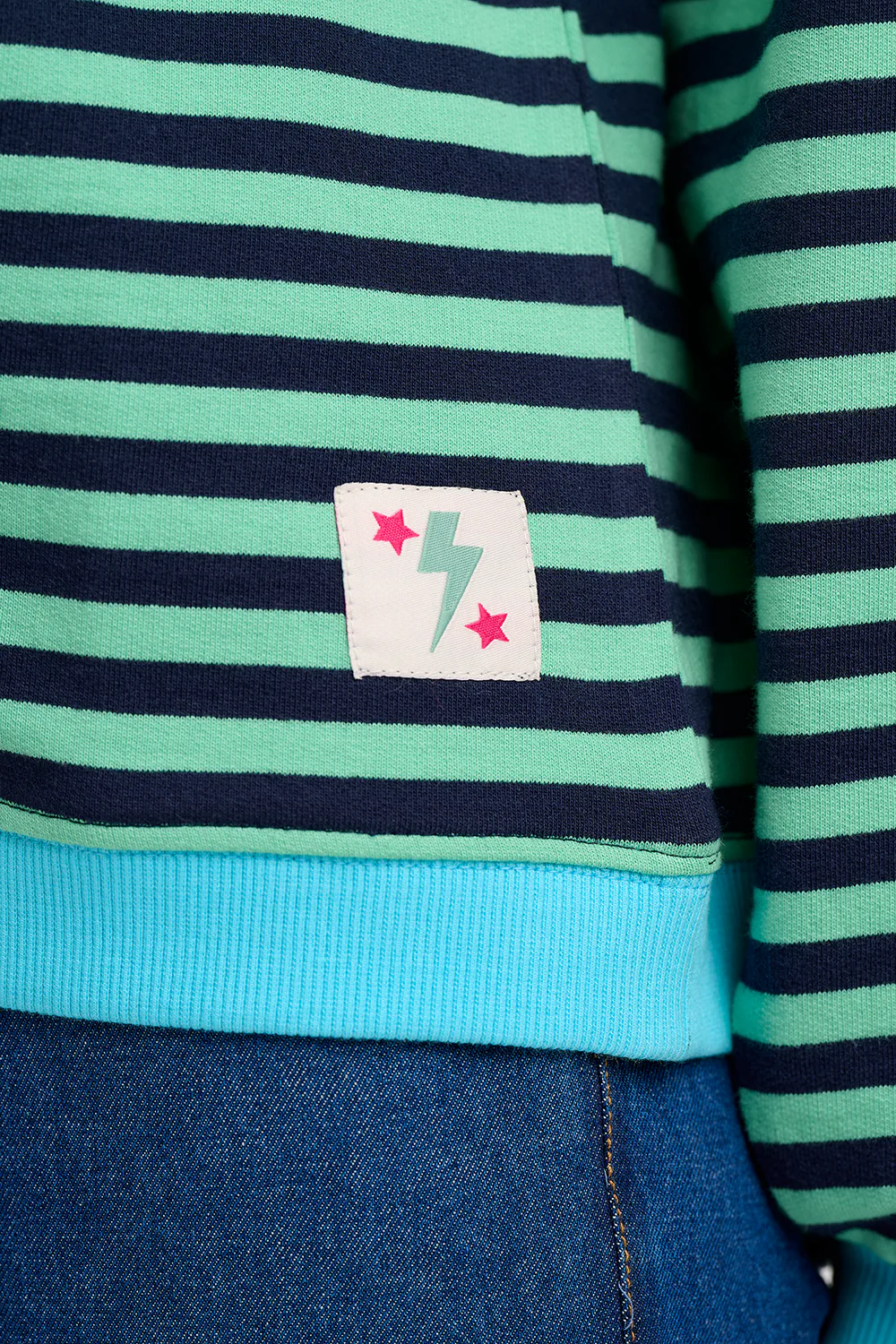 Mindy Blouson Sleeve Sweatshirt - Navy/Green, Stripe Contrast Rib - Image 3