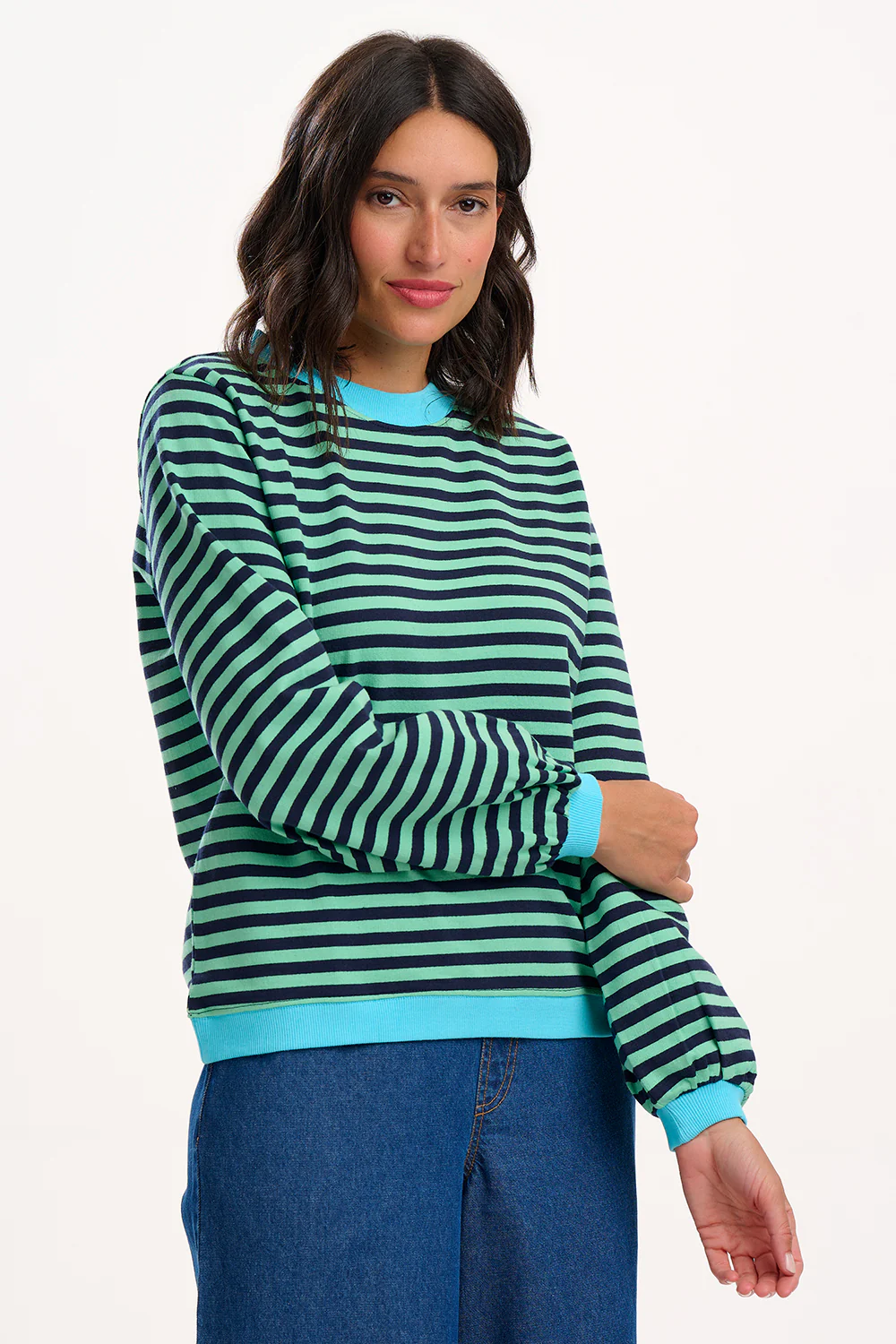 Mindy Blouson Sleeve Sweatshirt - Navy/Green, Stripe Contrast Rib - Image 4