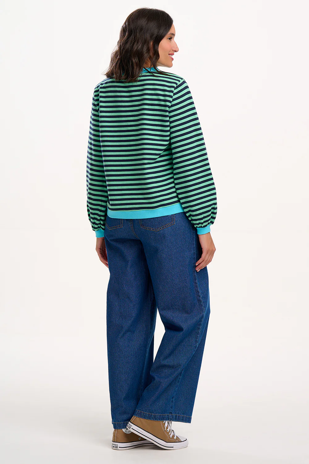 Mindy Blouson Sleeve Sweatshirt - Navy/Green, Stripe Contrast Rib - Image 6