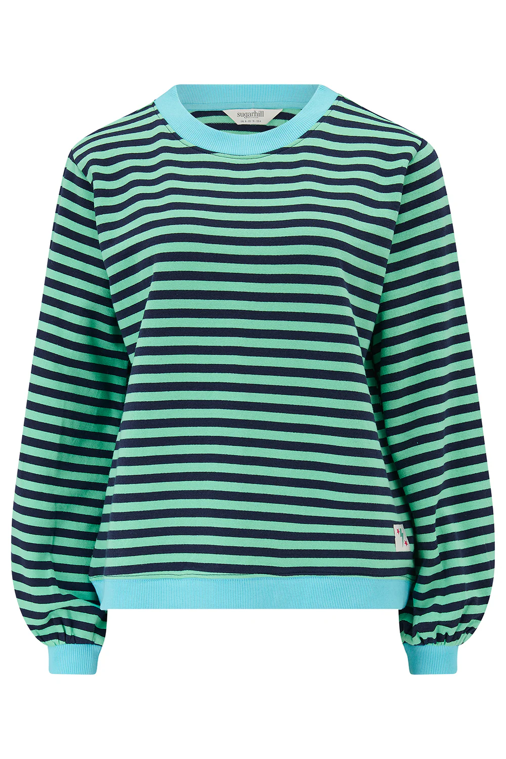 Mindy Blouson Sleeve Sweatshirt - Navy/Green, Stripe Contrast Rib - Image 7