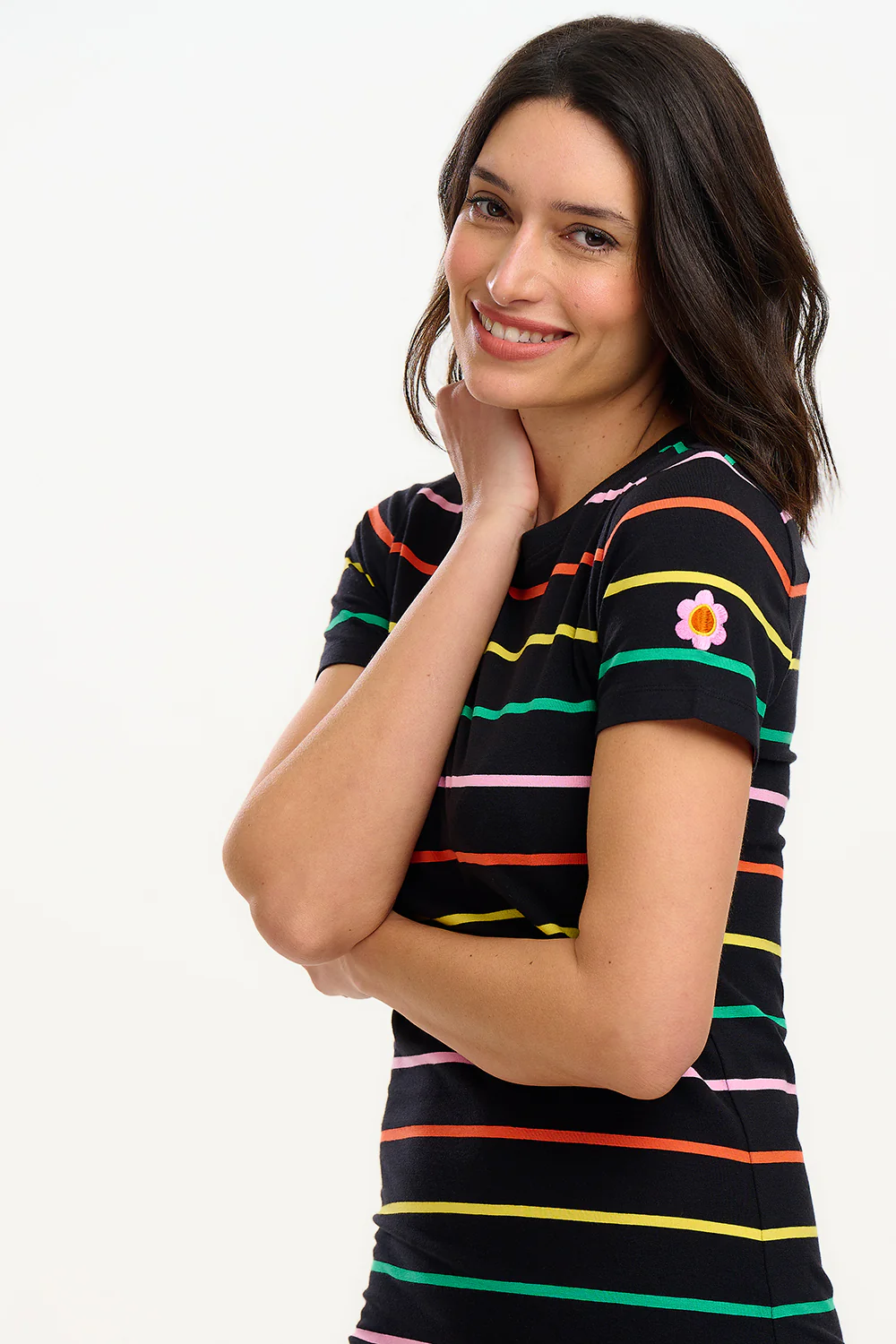 Monique Jersey Midi Dress - Black, Citrus Stripes - Image 3