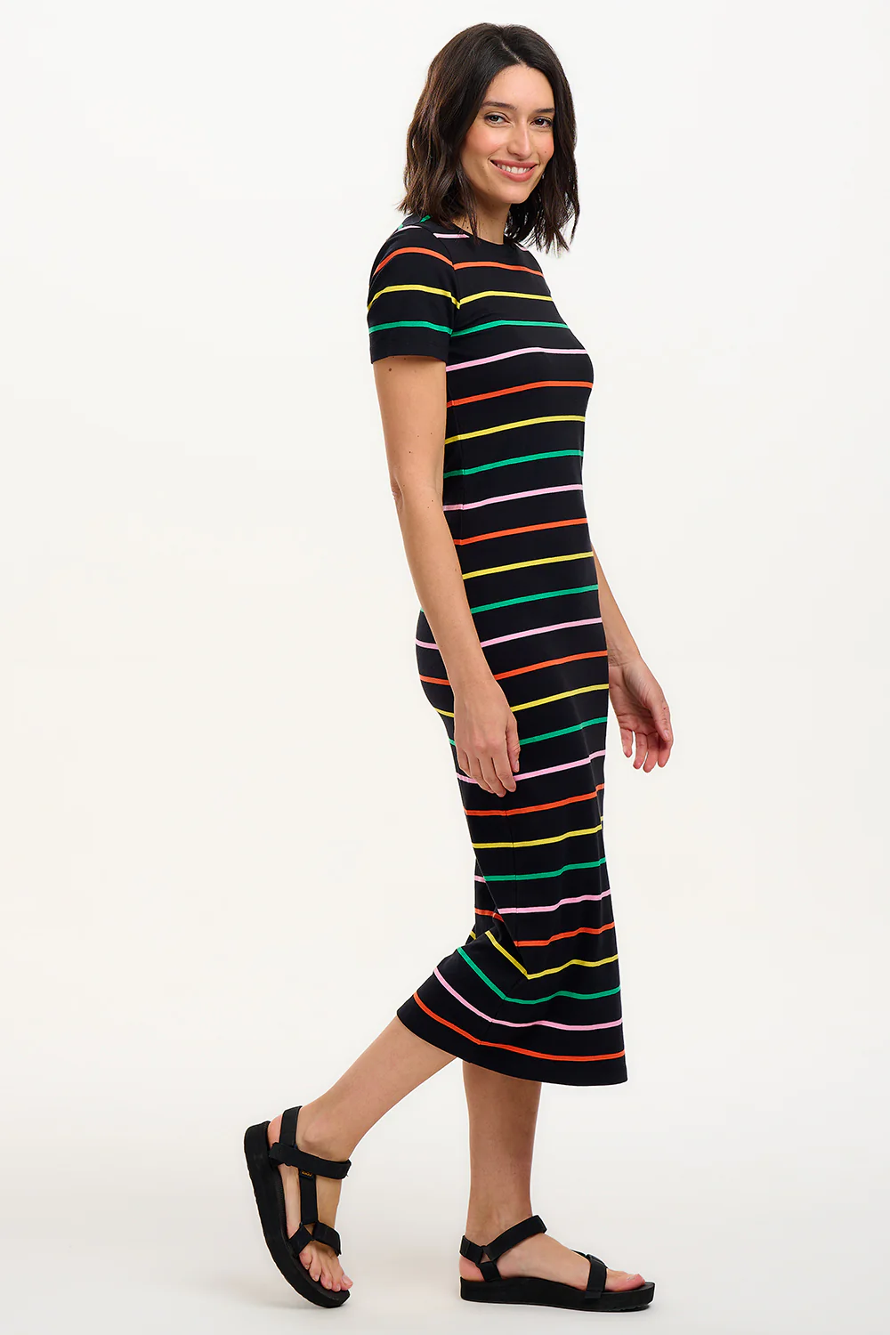 Monique Jersey Midi Dress - Black, Citrus Stripes - Image 4