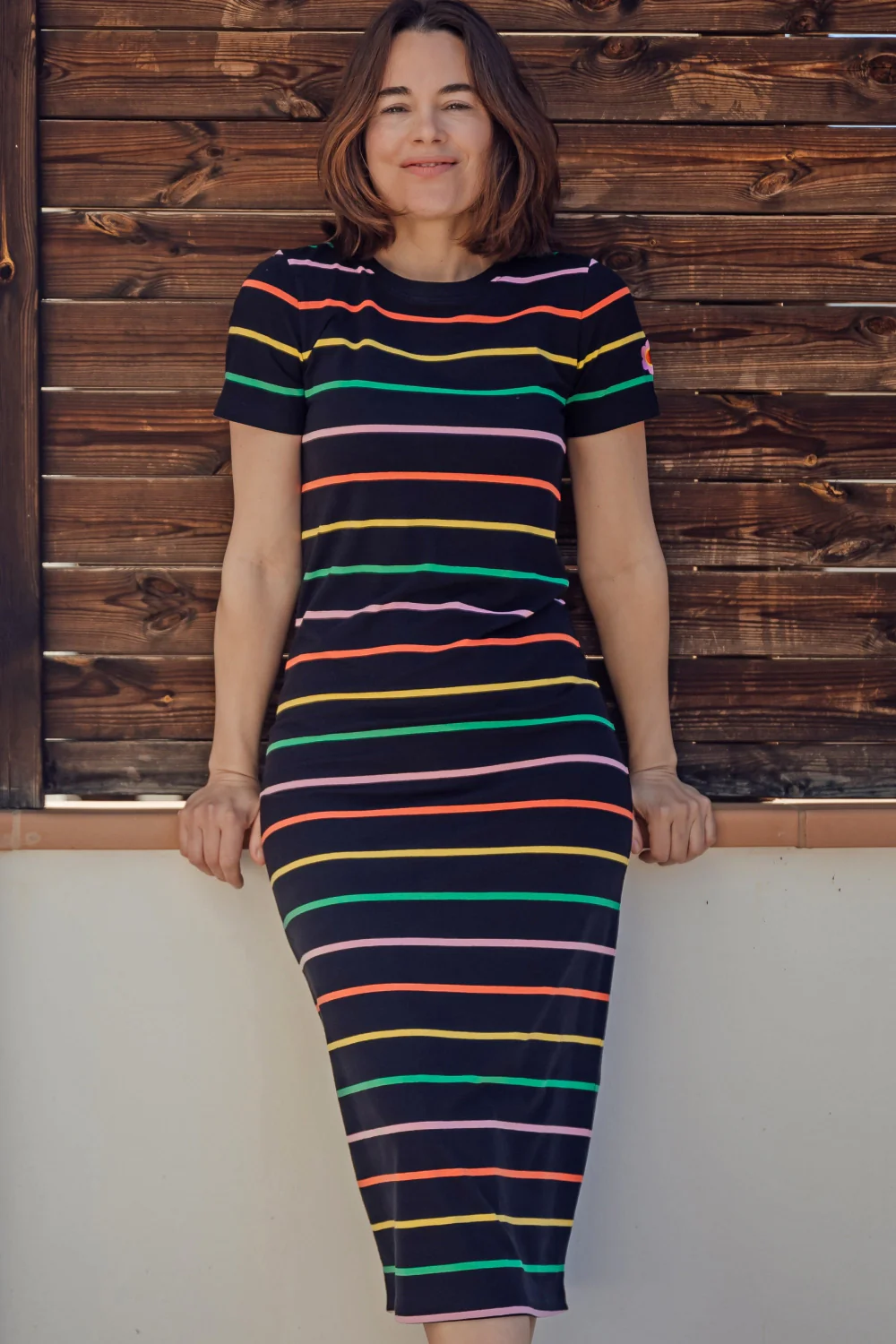 Monique Jersey Midi Dress - Black, Citrus Stripes - Image 5
