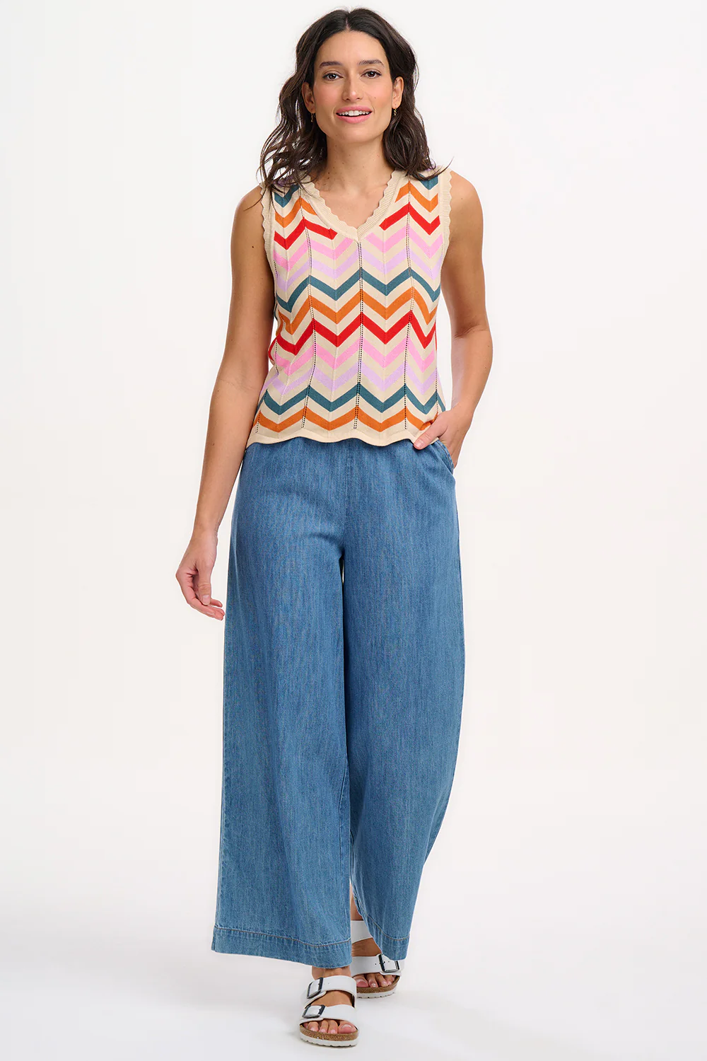 Rosy V-Neck Knit Vest - Cream, Rainbow Chevron Stripes - Image 5