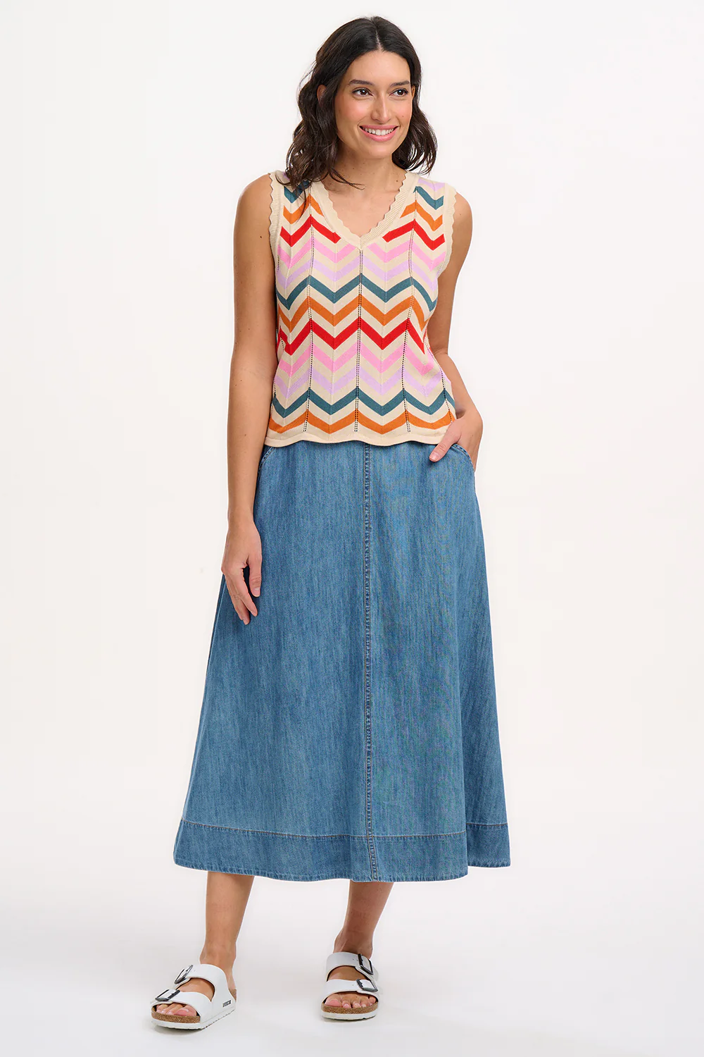 Rosy V-Neck Knit Vest - Cream, Rainbow Chevron Stripes - Image 6