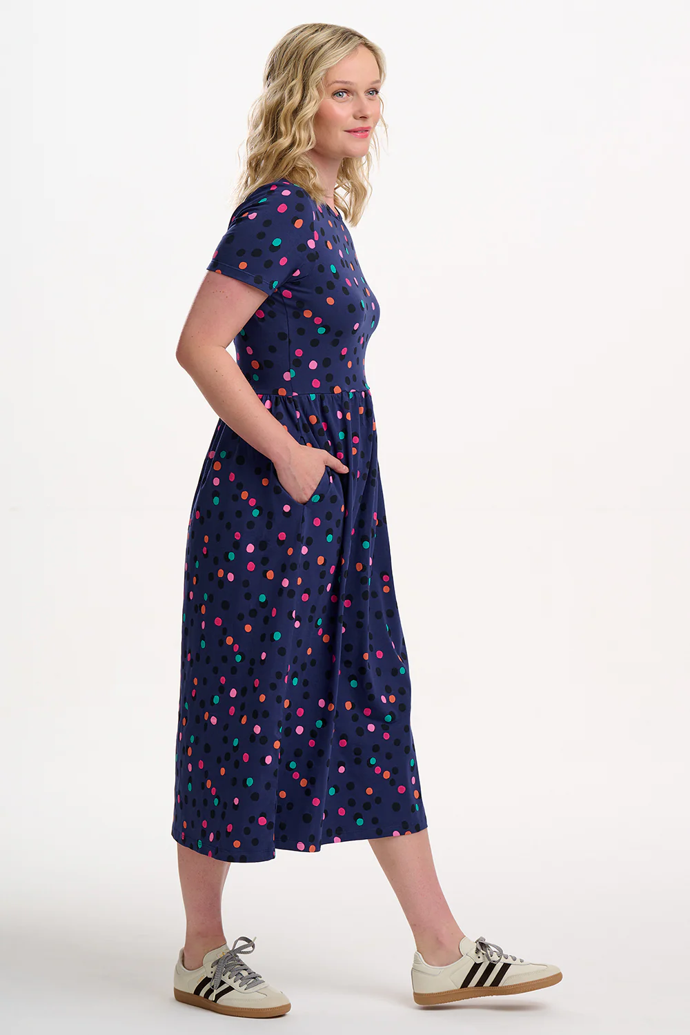 Sofia Jersey Midi Dress - Blue, Dappled Rainbow Spot - Image 4