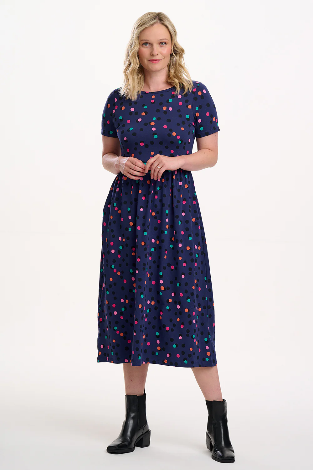 Sofia Jersey Midi Dress - Blue, Dappled Rainbow Spot - Image 5