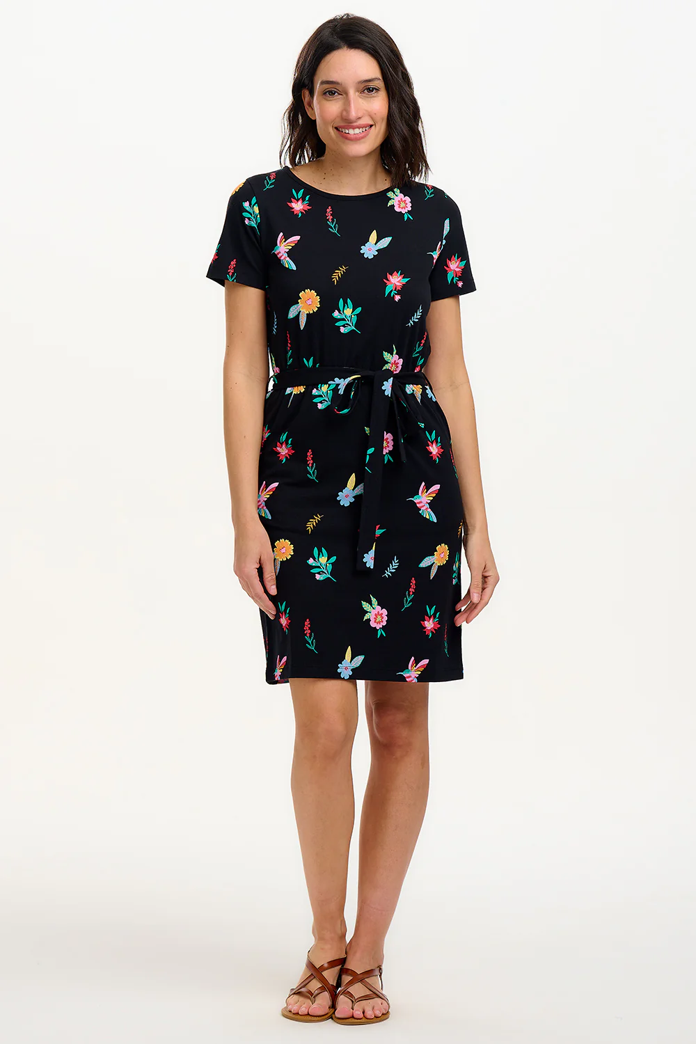 Terri Jersey Mini Dress - Black/Multi, Hummingbird Garden - Image 3