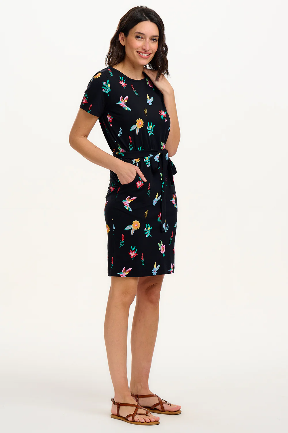 Terri Jersey Mini Dress - Black/Multi, Hummingbird Garden - Image 4