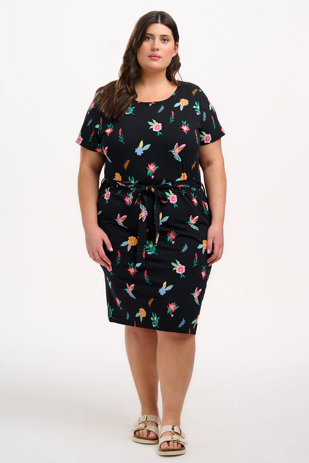 Terri Jersey Mini Dress - Black/Multi, Hummingbird Garden - Image 6