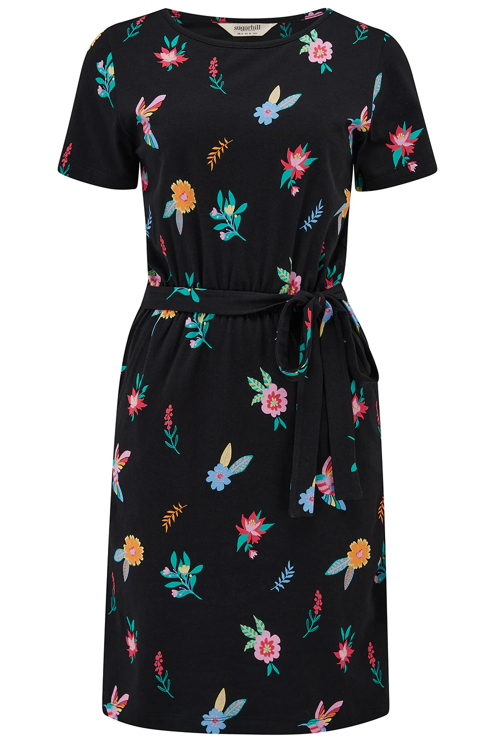 Terri Jersey Mini Dress - Black/Multi, Hummingbird Garden - Image 8