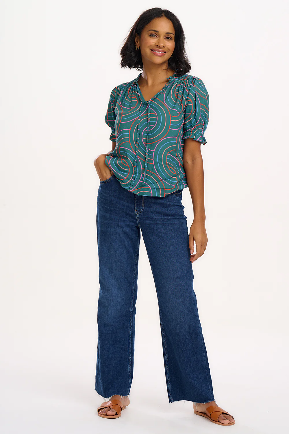 Virginia Shirred Top - Green, Concentric Circles - Image 4