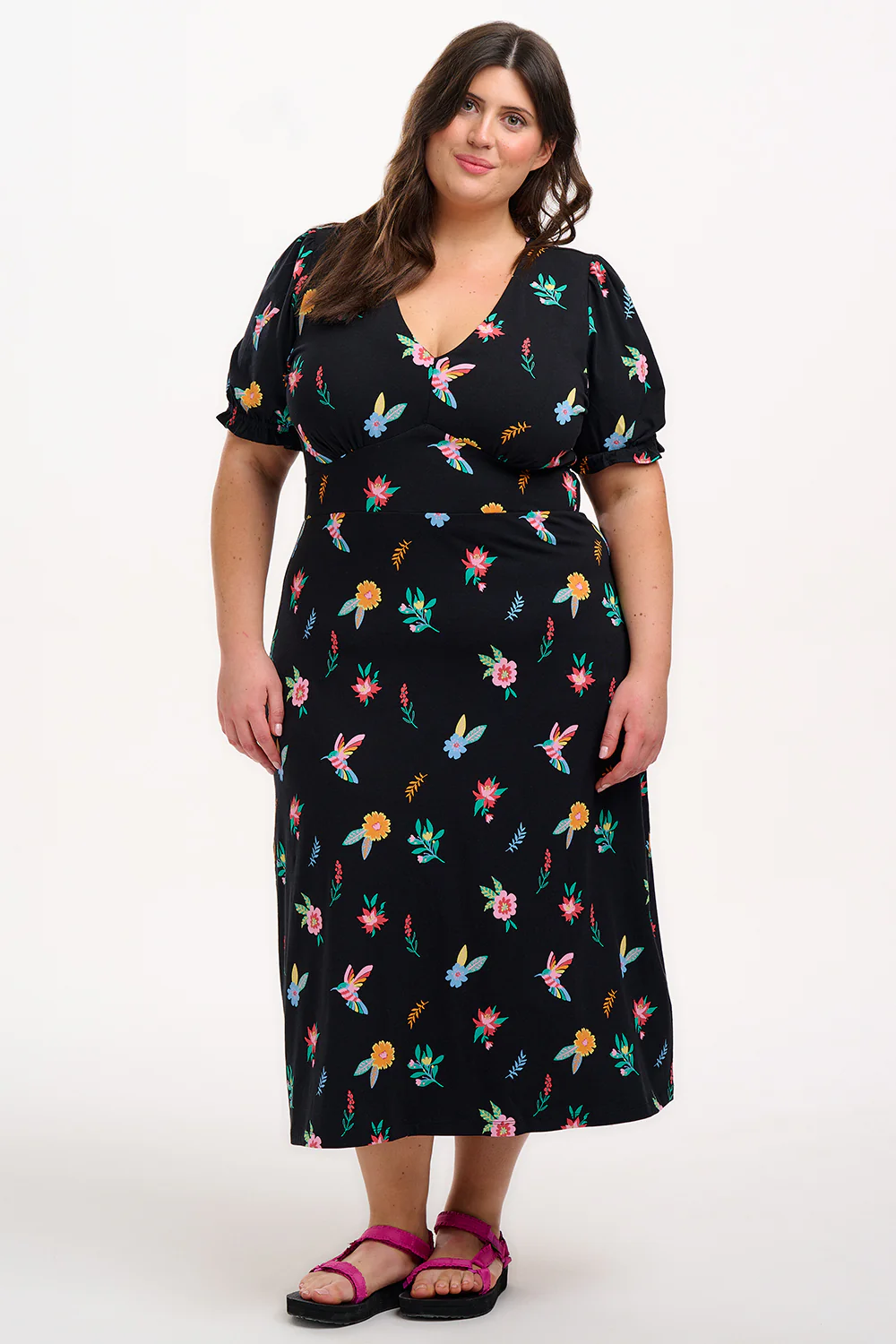 Yana Jersey Midi Tea Dress - Black/Multi, Hummingbird Garden - Image 3