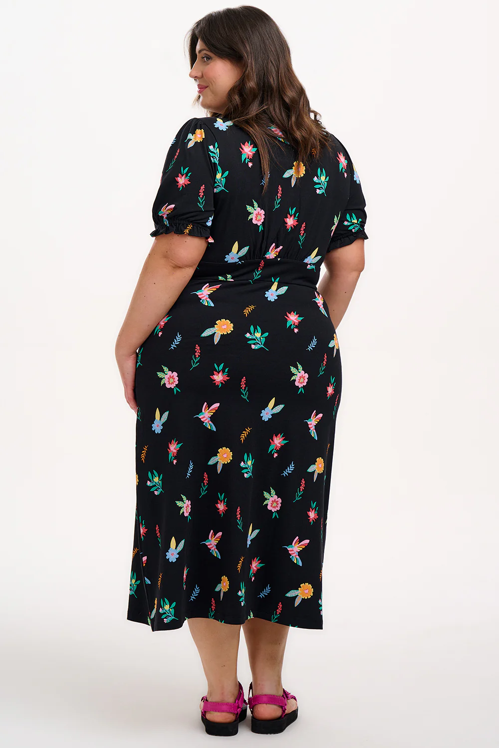 Yana Jersey Midi Tea Dress - Black/Multi, Hummingbird Garden - Image 4