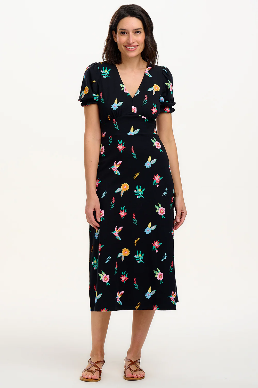 Yana Jersey Midi Tea Dress - Black/Multi, Hummingbird Garden - Image 5