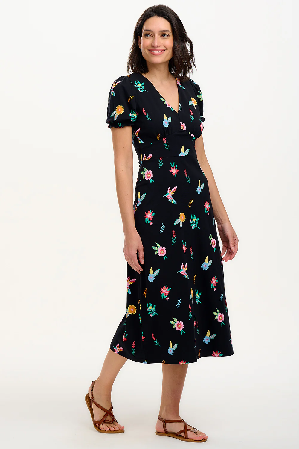 Yana Jersey Midi Tea Dress - Black/Multi, Hummingbird Garden - Image 6
