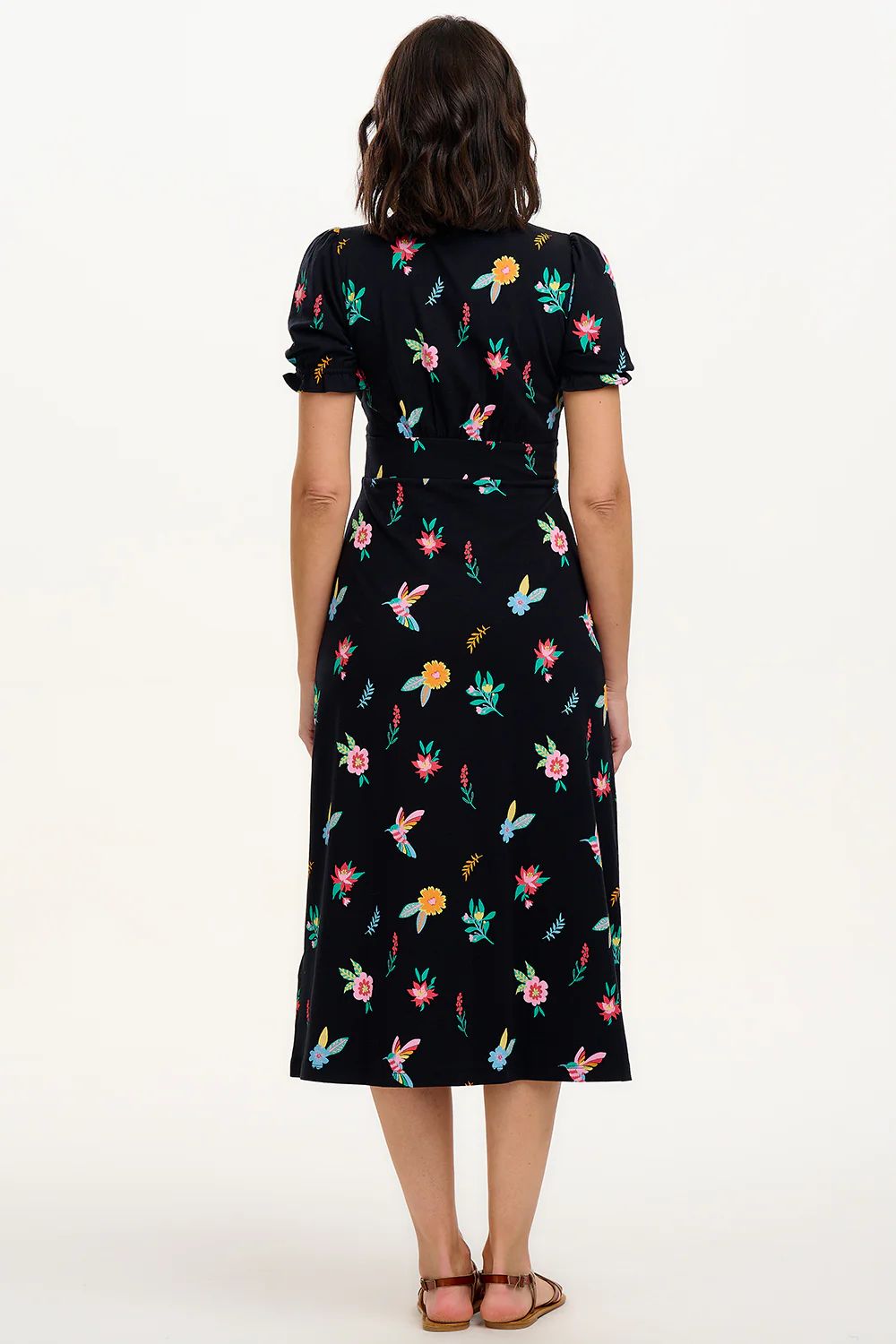 Yana Jersey Midi Tea Dress - Black/Multi, Hummingbird Garden - Image 7