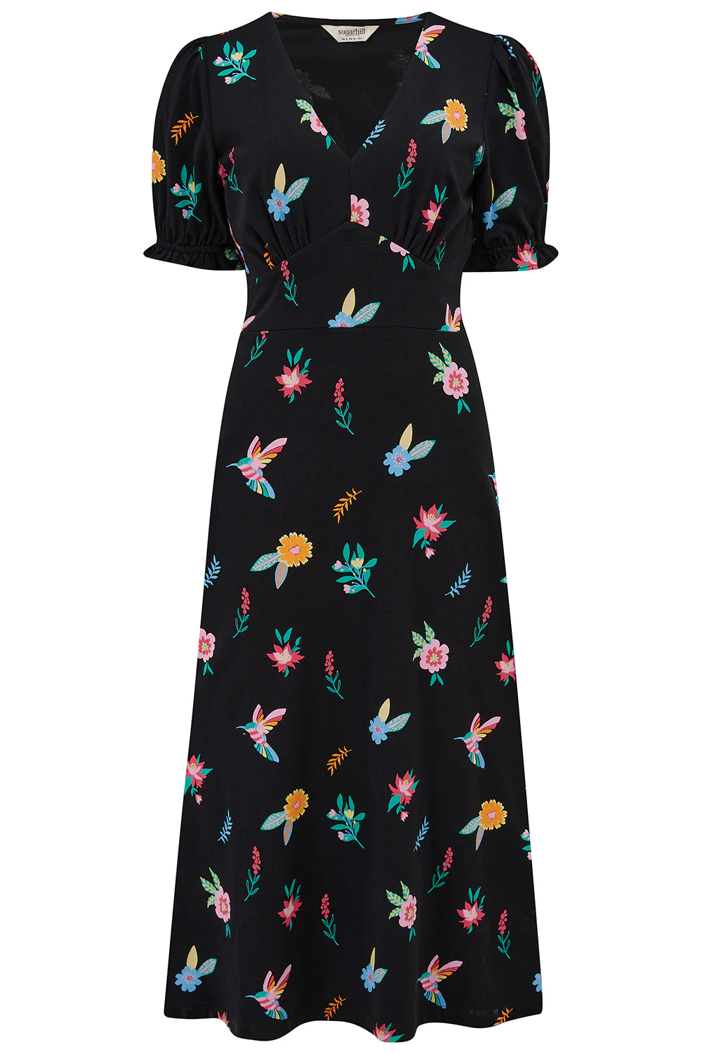 Yana Jersey Midi Tea Dress - Black/Multi, Hummingbird Garden - Image 8