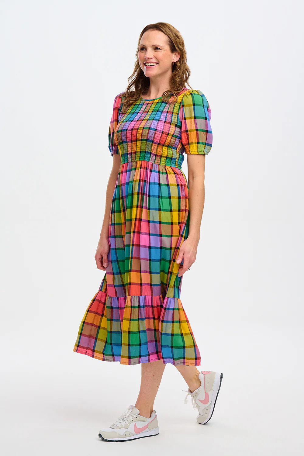 Yolanda Midi Shirred Dress - Multi, Summer Rainbow Check - Image 4