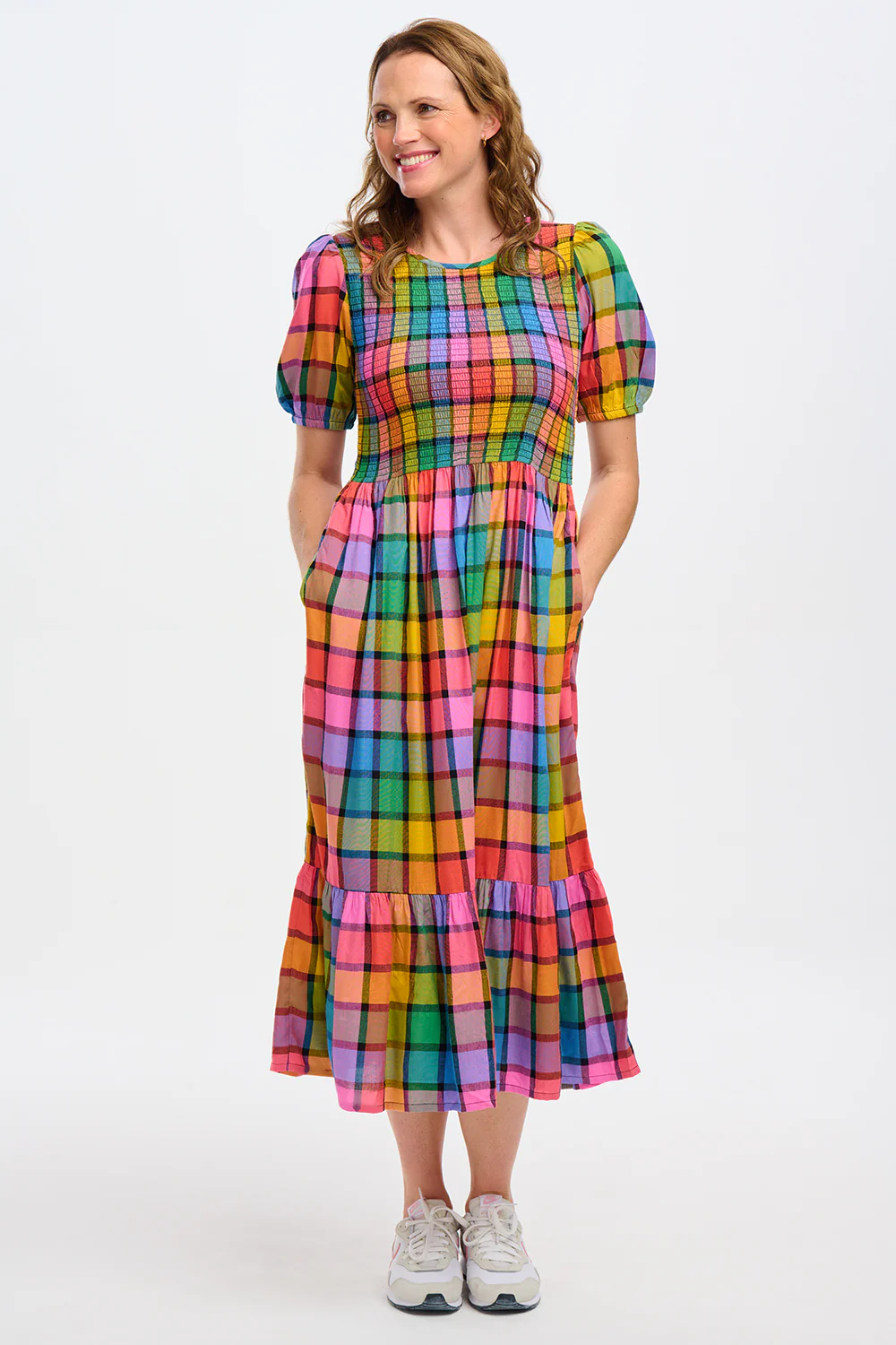 Yolanda Midi Shirred Dress - Multi, Summer Rainbow Check - Image 5