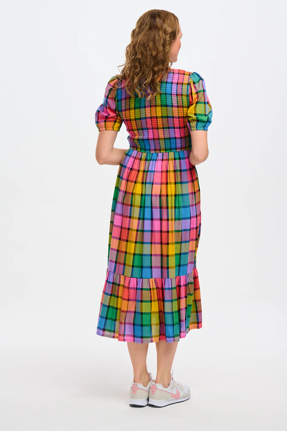 Yolanda Midi Shirred Dress - Multi, Summer Rainbow Check - Image 6