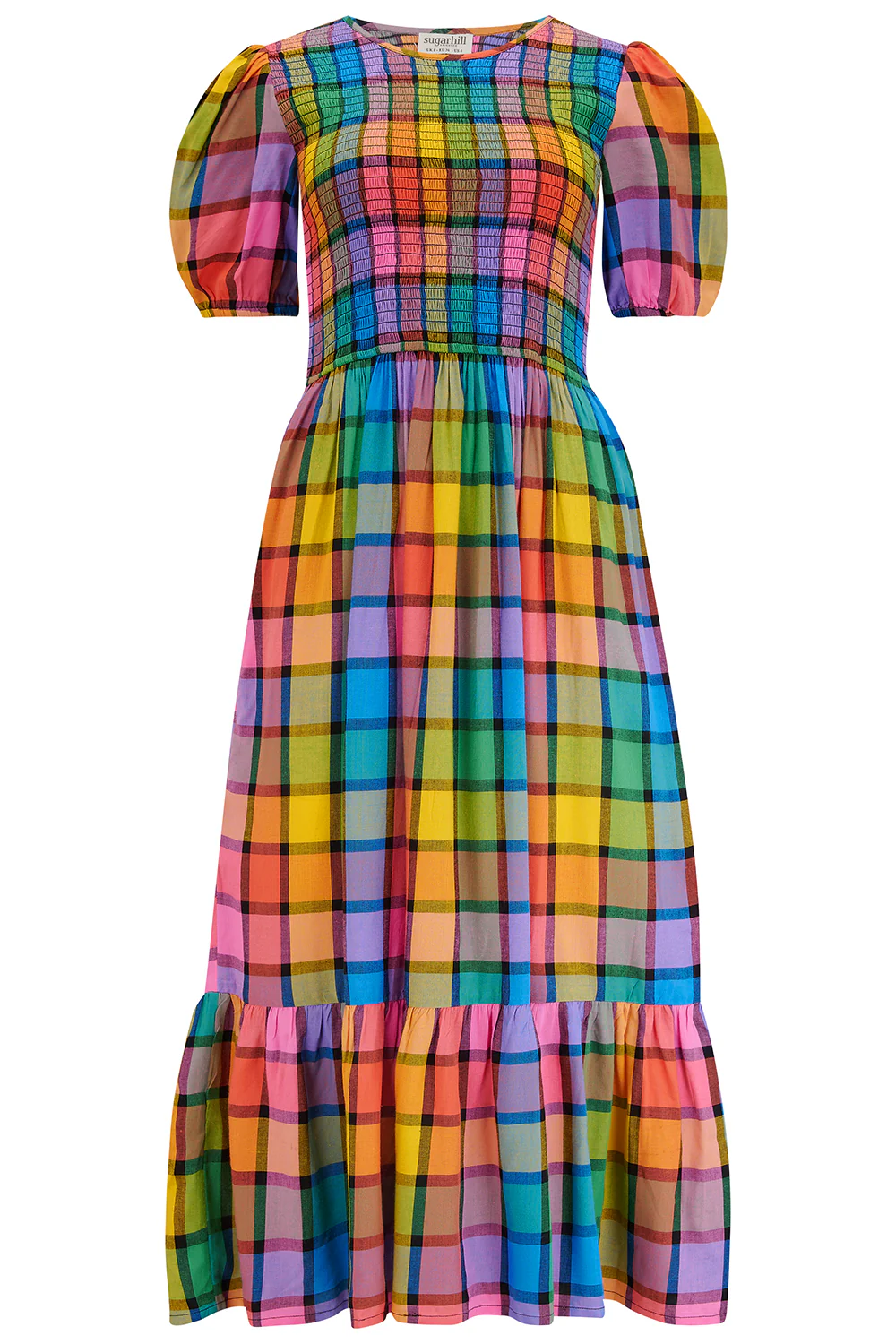 Yolanda Midi Shirred Dress - Multi, Summer Rainbow Check - Image 7